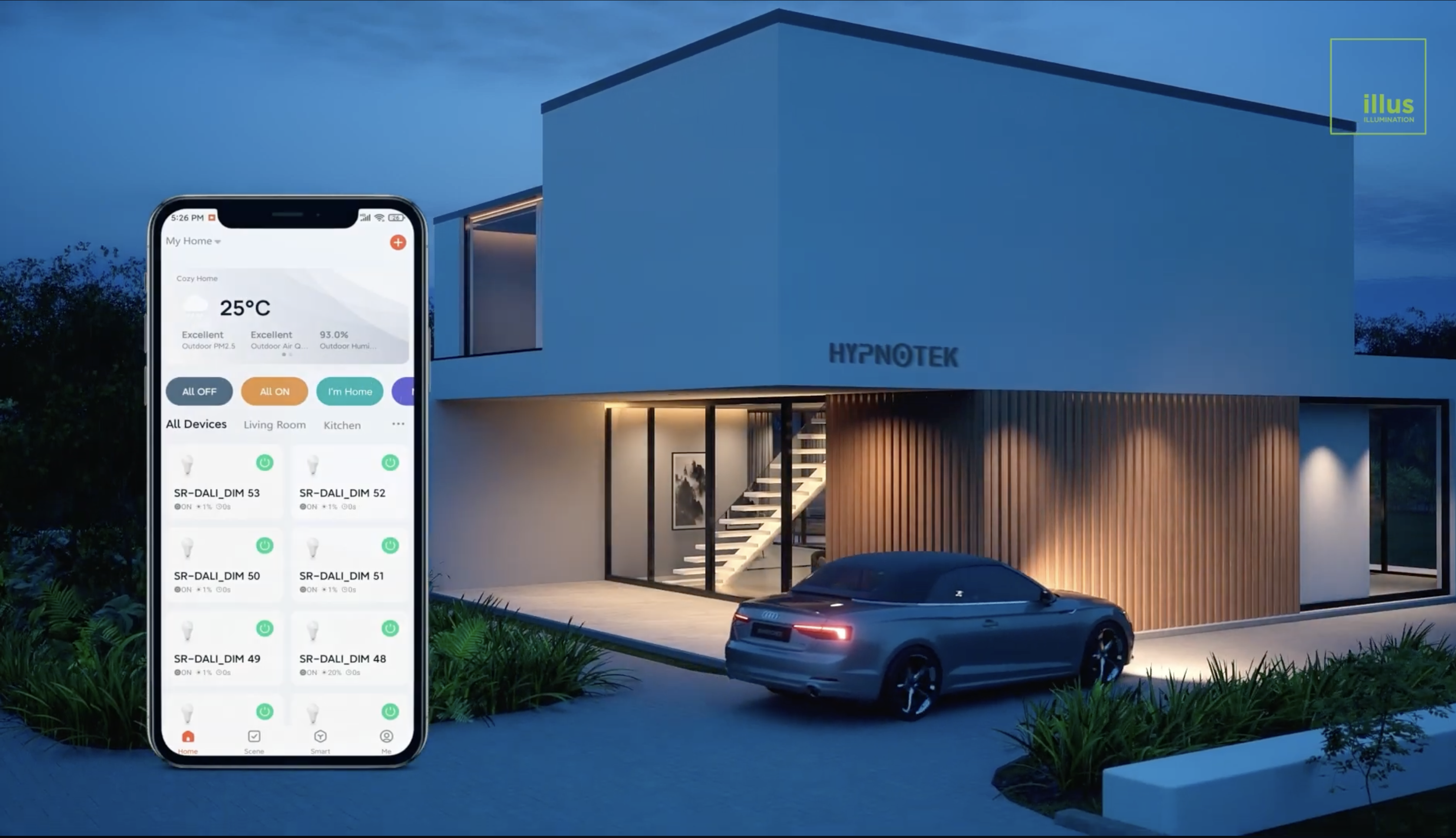 Unified smart home app controlling lighting HVAC and curtains